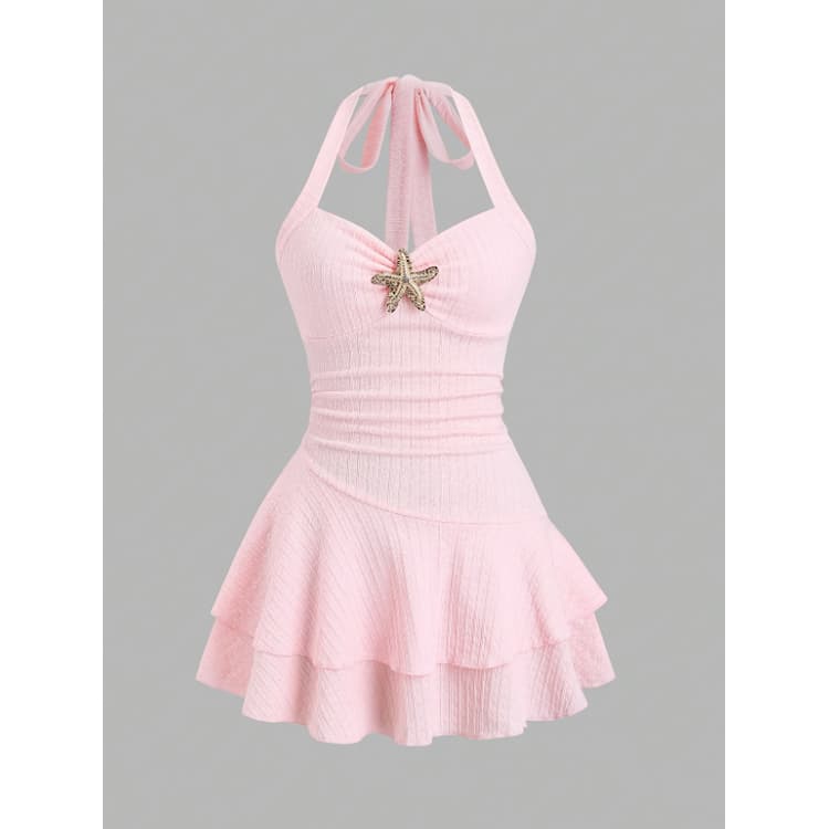 Hot Selling Beach Vacation Dress Solid Color Neck Hanging Dress Starfish Pleated Dress for Women