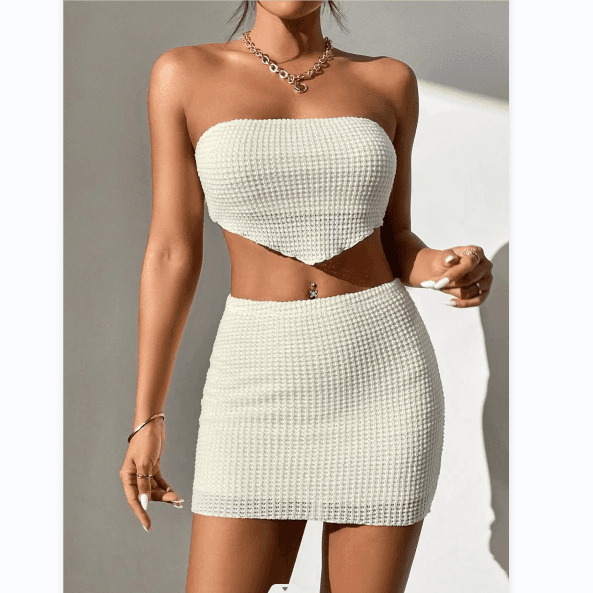 New Two Piece Sexy Knitted Set Off Shoulder Lace Short Skirt Set