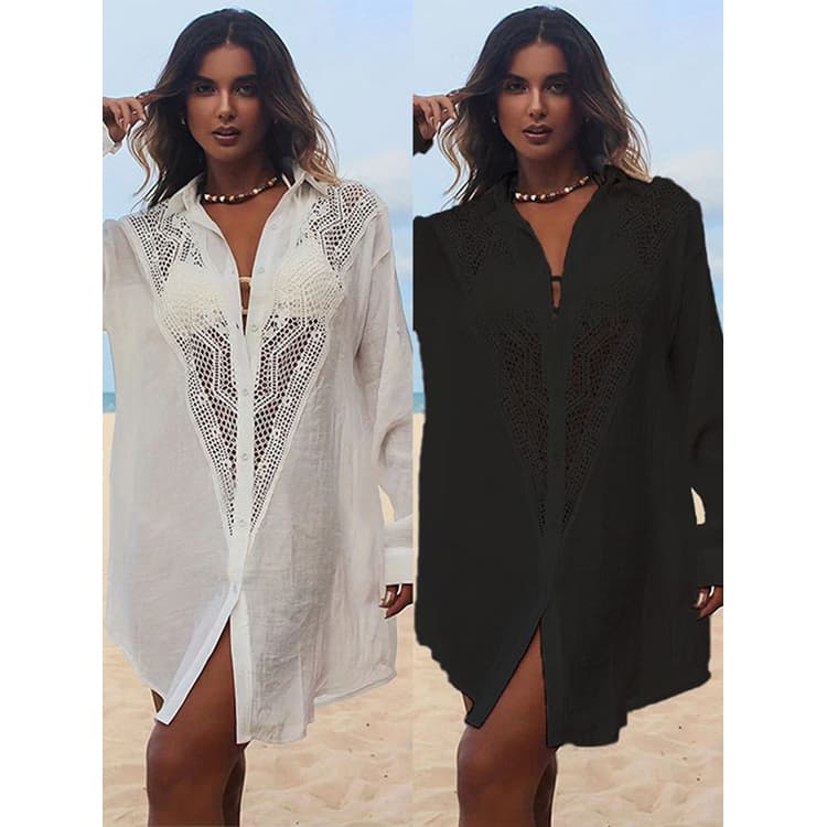 New V-Neck Hollow Shirt Solid Color Swimsuit Cardigan Vacation Bikini Beach Cover Ups