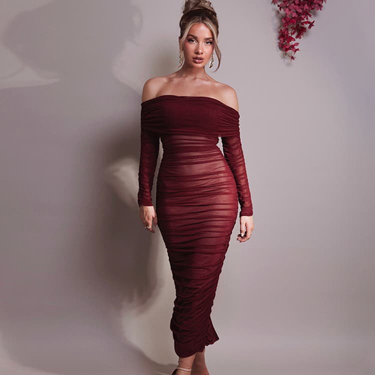 New Mesh One Shoulder Dresses Solid Color Pleated Dresses Slim Long Sleeve Wrap Hip Dresses for Women