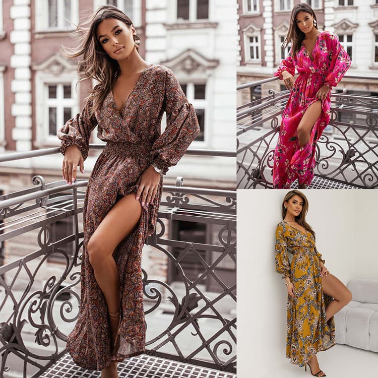 New V-neck Printed Dresses Summer Deep V Short Casual Dresses