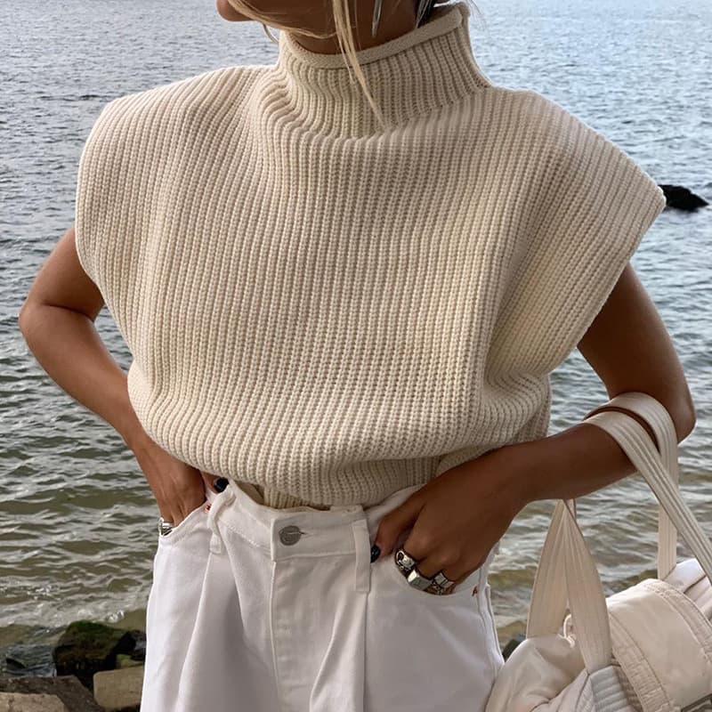 Autumn and Winter Solid Color Sweater High Collar Short Sleeve Sweater Top for Women