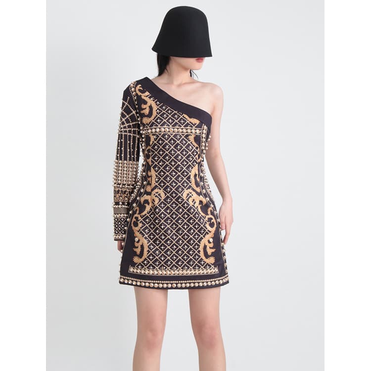New Pearl Printed Dress Heavy Beaded One Shoulder A-line Dress Vintage Style Long Sleeve Dresses