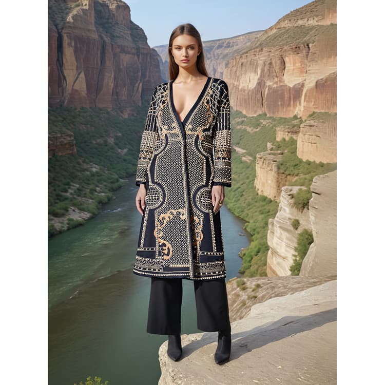 High End Loose Jacket Women V Neck Pearl Print Design Coat Pearl Heavy Jacket