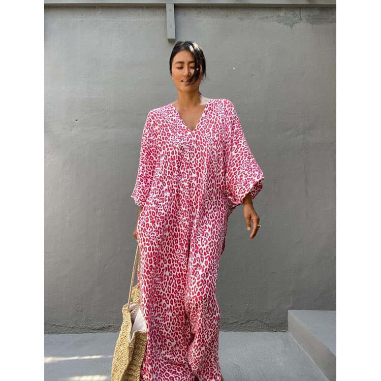Ladies Leopard Print Vacation Maternity Gown Plus Size Beach Cover up
