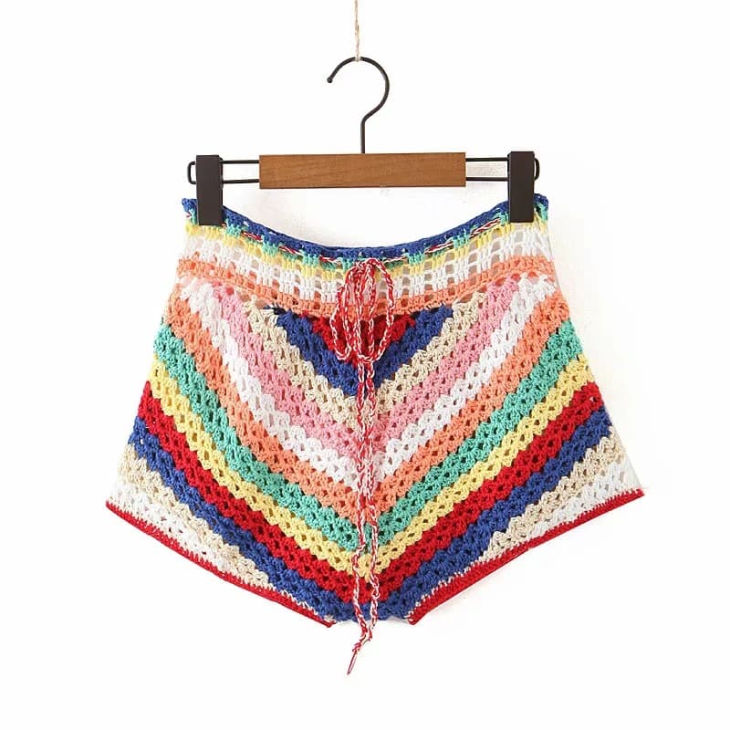Crochet Shorts Colorful Stripes Lace up Women Pants