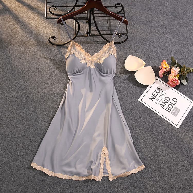 Thin Sexy Suspender Ice Silk Nightdress Silk Lace Nightgown Split Chest Cushion House Wear
