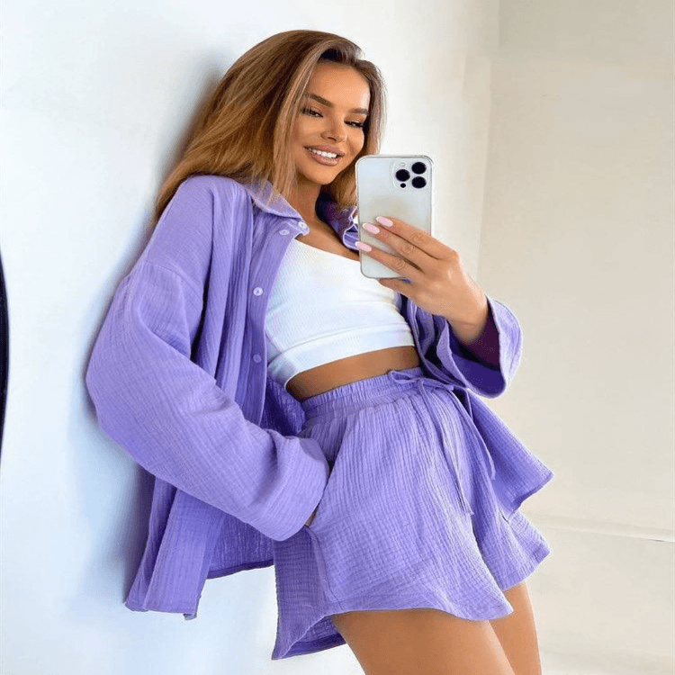 New Solid Color Casual Suit Long Sleeved Commuter Shirt Shorts Set for Women