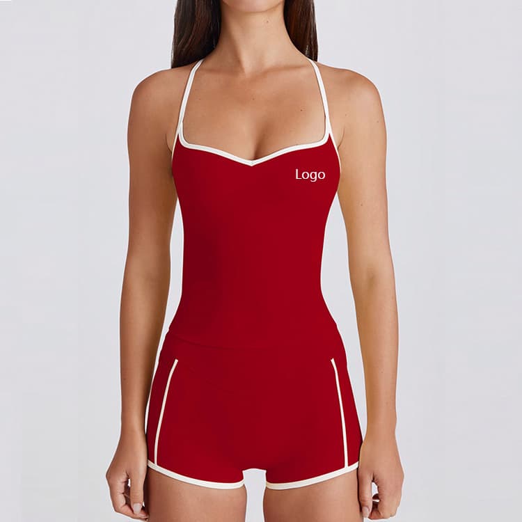 Women Sexy 2 Piece Workout Set Cross Back Top and Shorts with Pockets Activewear Contrast Binding Yoga Sets