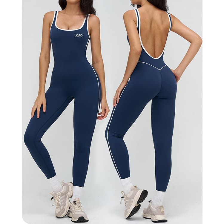 Nude Feel Nylon Yoga Bodysuit with Color Block Trim Sexy One Piece Backless Running Sports Yoga Jumpsuit