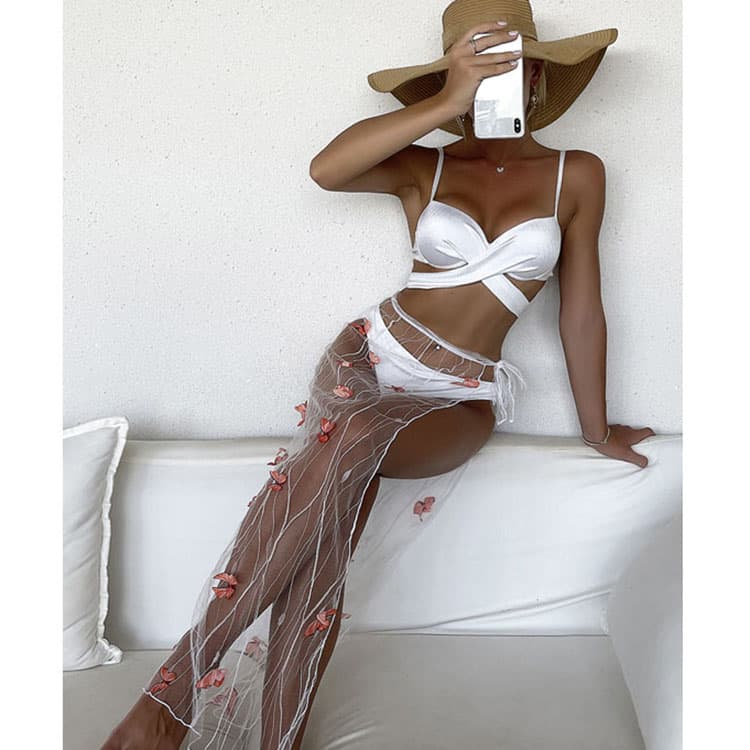 Three Piece Swimsuit Solid Color Sexy String Bikini With Mesh Dress Cover up for Girls