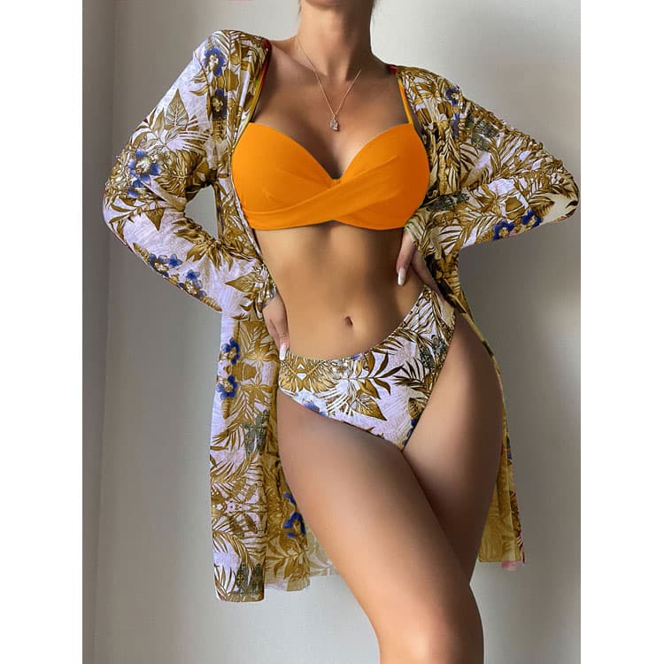 2022 Hot Sale High Waist Tie Dye Printed Three Piece Long Sleeve Cover up Bikini Swimwear