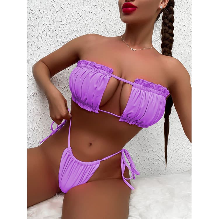 2023 New Hot Selling Sexy Fold Strapless Hollow Two Pieces Bandeau Bikini Women Swimsuit