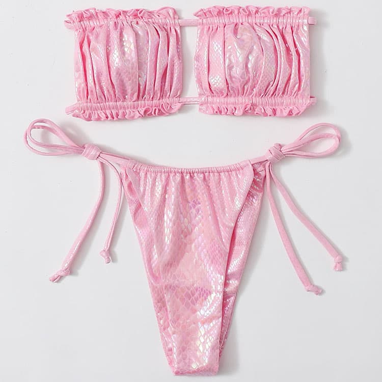 2023 New Cute Ruffled Off Shoulder Bandeau Jewelry Two Pieces Pink Metallic Bikini Women Swimwear