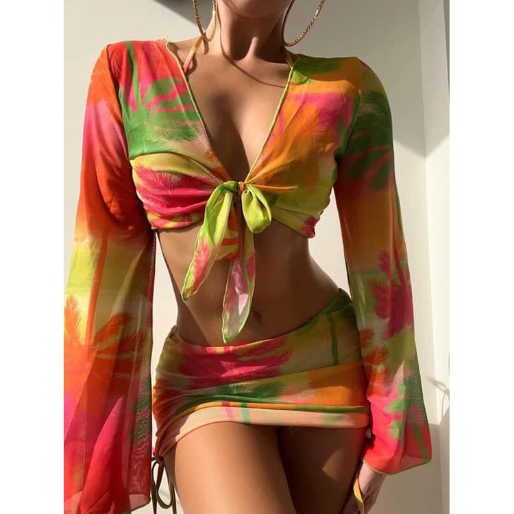 2023 New Sexy Tropical Plant Dusk Beach Four Pieces Halter Backless Bikini Women Swimsuit Swimwear