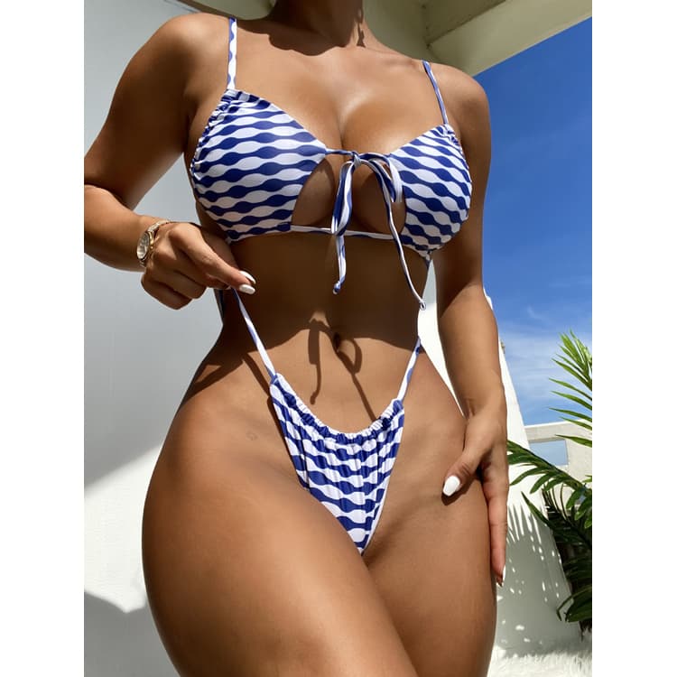 2023 Super Sexy Blue Plaid Hollow Halter Two Pieces Bikini Women Swimsuit Swimwear