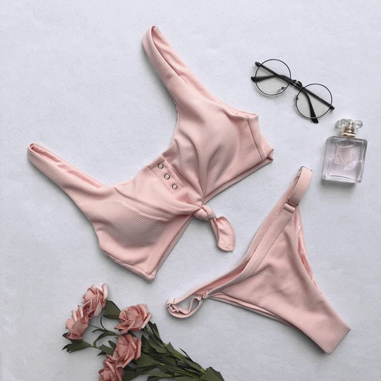 2023 Conservative Cute Striped Straps Solid Color Two Pieces Bikini Women Swimsuit Swimwear