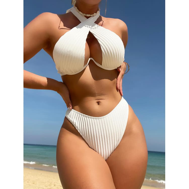 2023 Conservative Cute Striped Straps Solid Color Two Pieces Bikini Women Swimsuit Swimwear