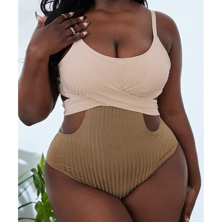 Hot Sexy Hollow Stitching Color Contrast Plus Size One Piece Bikini Women Swimsuit Swimwear