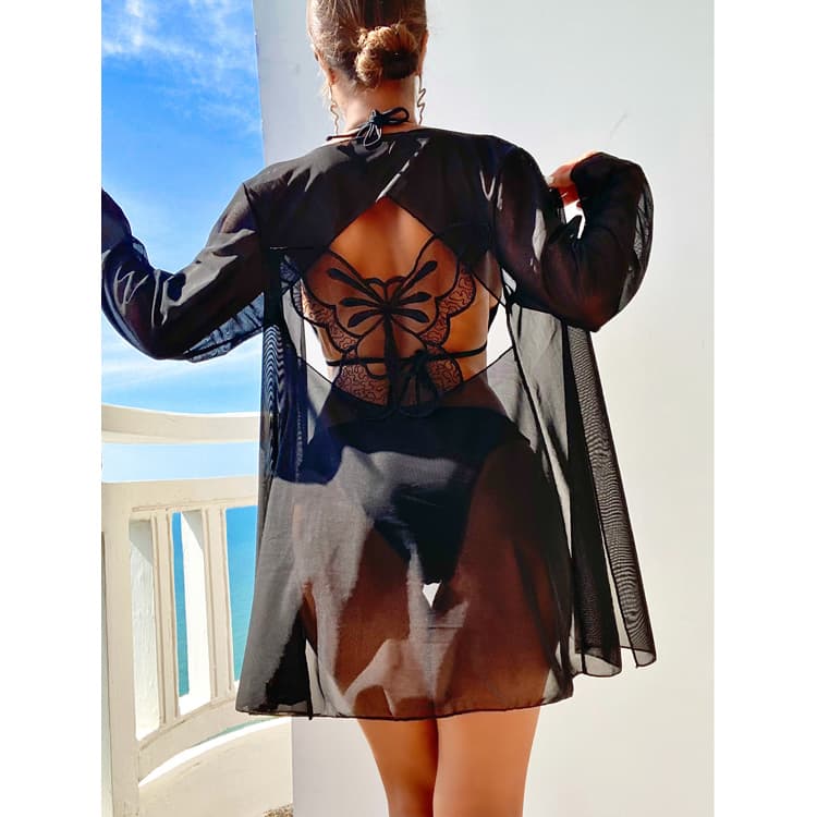 2023 Deadly Sexy Butterfly Embroidery See Through Backless Cover up Three Pieces Bikini Women Swimsuit Swimwear