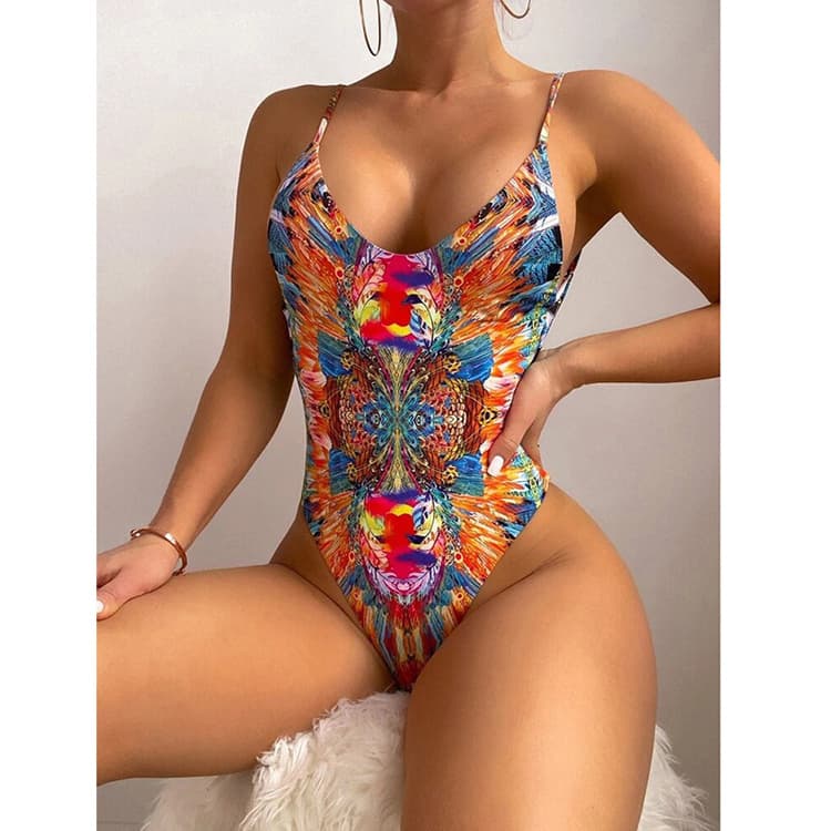 Sexy Fashion Print Belly Thin Backless Conservative One Piece Bikini Women Swimsuit Swimwear