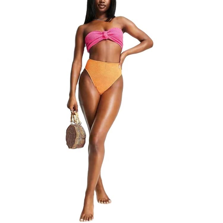 New Solid Color Tube Top High Waist Two Piece Bikini Wavy Fabric Beach Swimwear