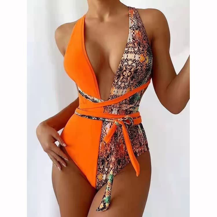 2022 New Designed Snake Print One Piece Swimsuit Sexy Bandage Bikini Swimwear