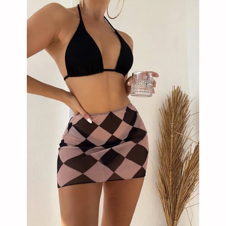 Lace up Black Bikini Ladies Checkered Skirt Three Piece Summer Swimwear 2022