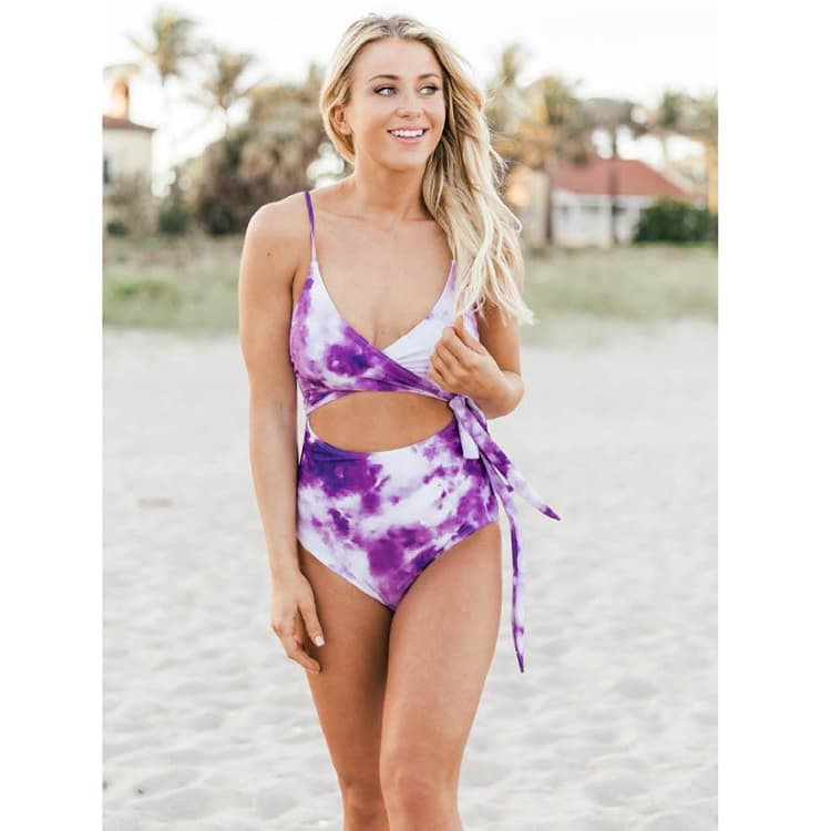 Printed Suspenders One Piece Swimsuit Bikini Cross Straps High Cut Bikini Swimwear
