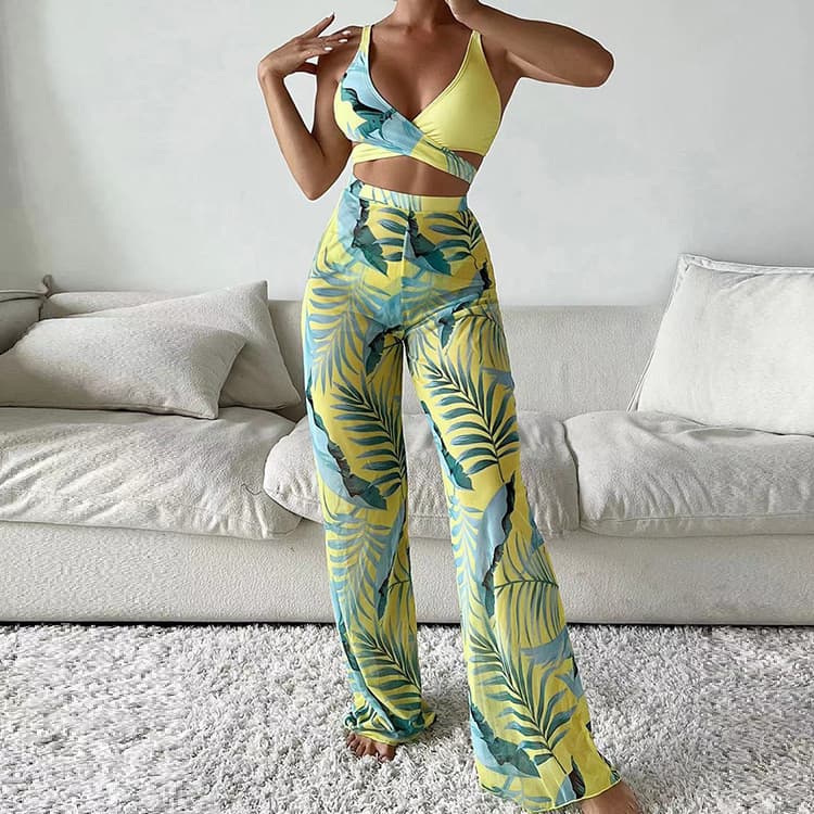 Mesh Sheer Digital Printed Three Piece Bikini Pants Sun protection Cover up Swimwear 2022