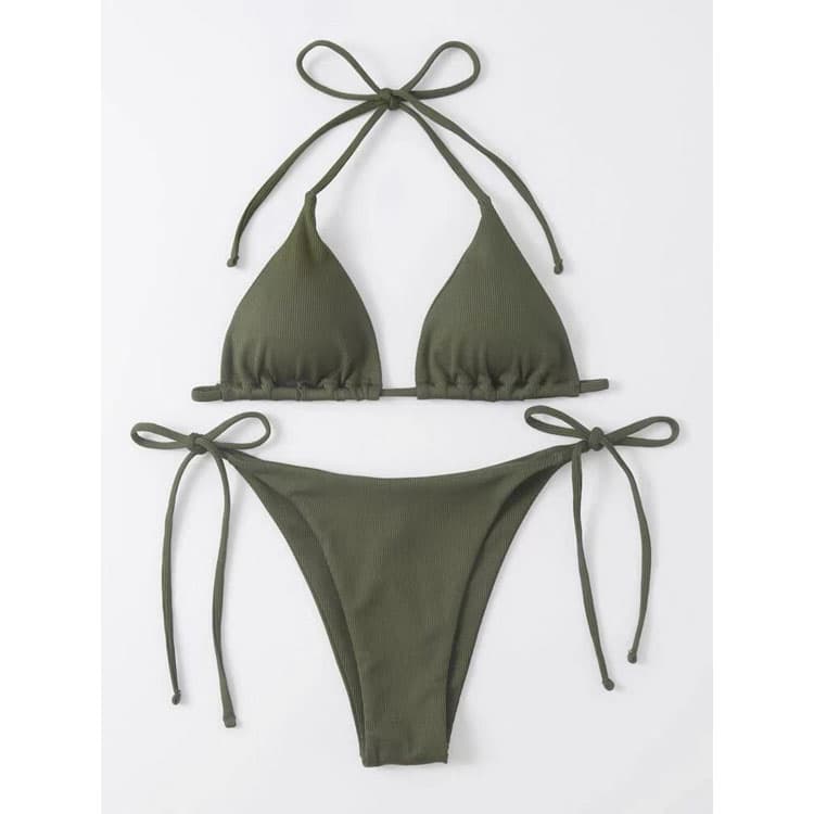 Custom Label Solid Color Two Piece Set Swimsuit Lace up Ribbed Reversible Bikini