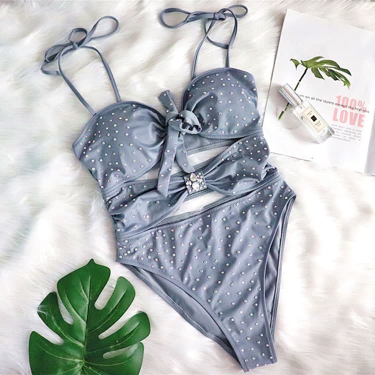 Crystal Masonry High Waist One Piece Bikini Lacing Strap Cutout Bikini