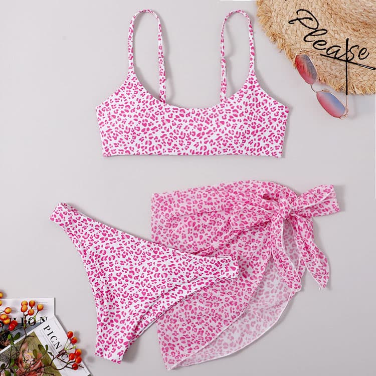 Pink Flowers 3 Piece Bikini Set Swimsuit With Cover Ups Backless Micro Bikinis Sexy Lady Swimwear