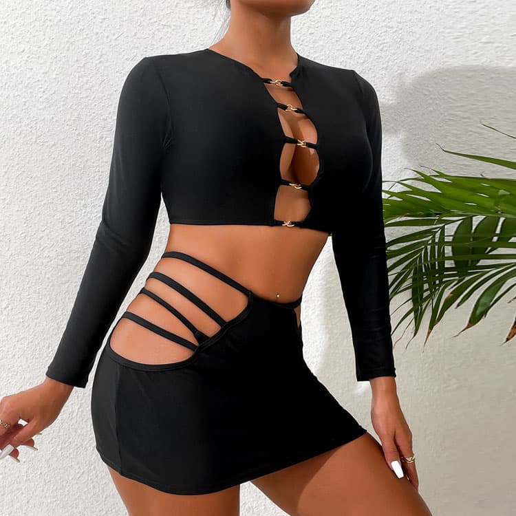 New Black Long Sleeve Bikini Skirt Three Piece Set Hollow Out Women Sexy Bikini