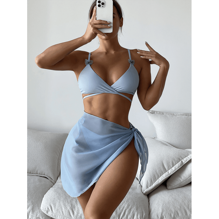 Light Blue Sexy Lacing Strap 3 Piece Bikini Set Swimsuit With Cover Ups Butterfly Embellishment Bikini
