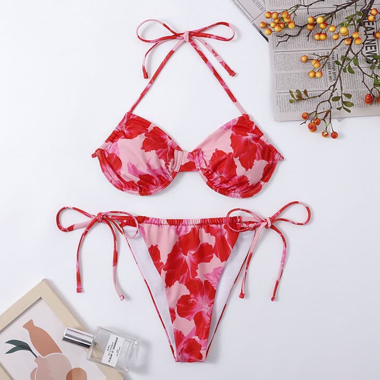 2023 New Neck Strap Two Piece Bikini Red Floral Print Tie Bikini