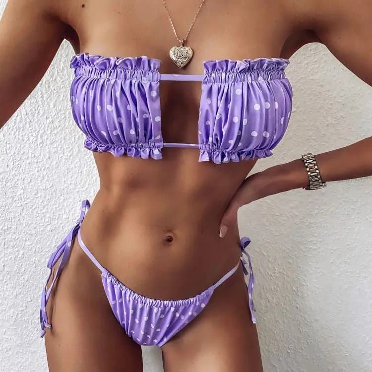 2024 New Sexy Fold Polka Hollow Beach Bikini Strapless Hawaii Vacation Women Swimsuit 2 Piece Set