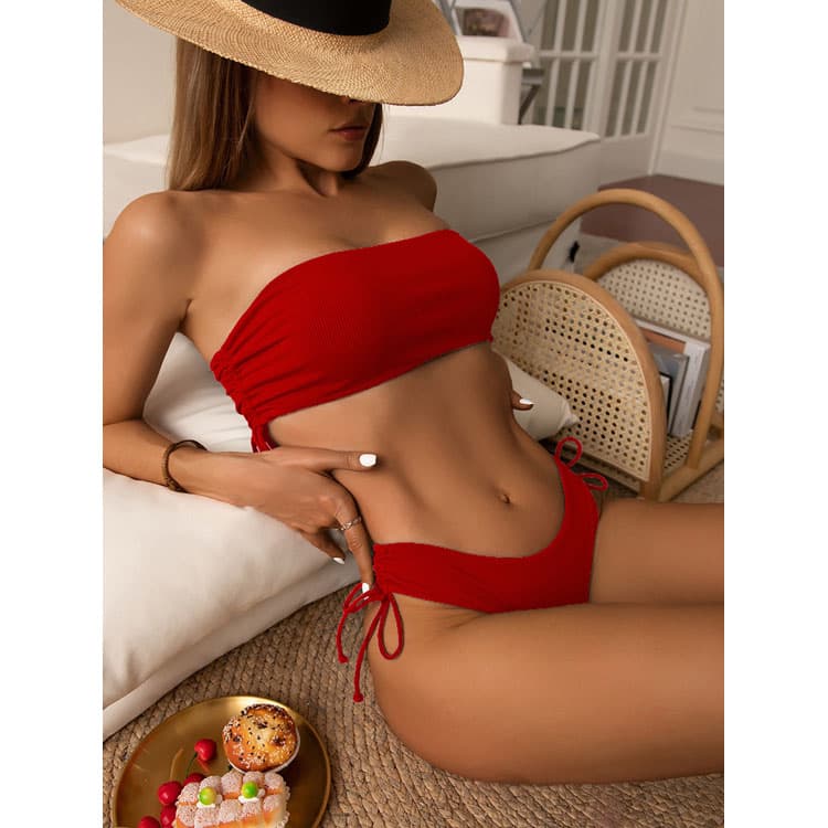 New Solid Color Bra Two Piece Set Swimsuit Drawstring Design Bikinis for Girls