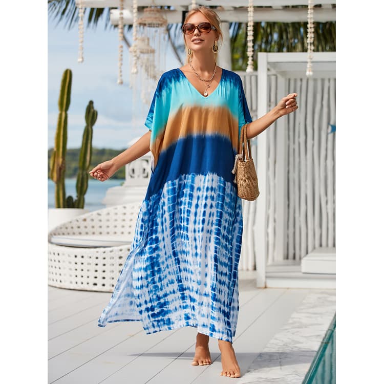 Blue Tie Dye Printed Resort Robe Bikini Sunscreen Dress V Neck Slit Blouse
