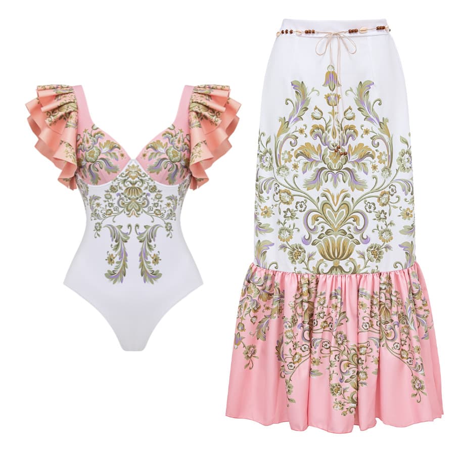 Vintage Pink Floral Print Swimsuit 2024 Ruffle Push up Skirt Bikini Holiday Bathing Suit Tummy Swimwear Surf Wear