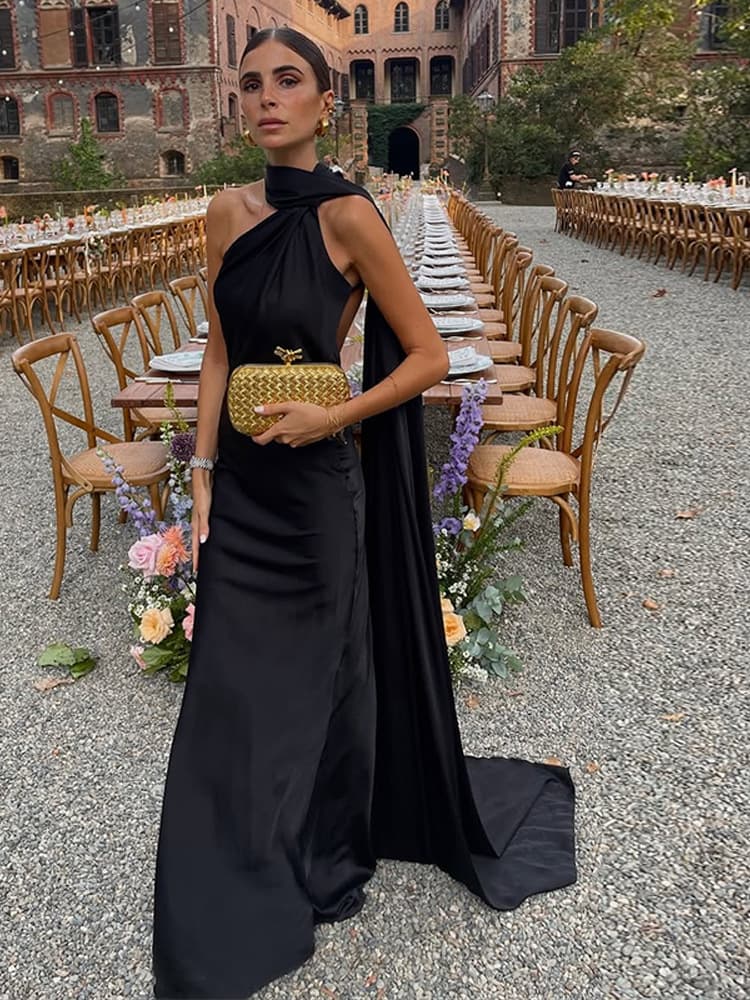Cross-border French Satin Neck Hanging Open Back Dress Women's Ribbon Slim Fishtail Long Luxury Banquet Dress