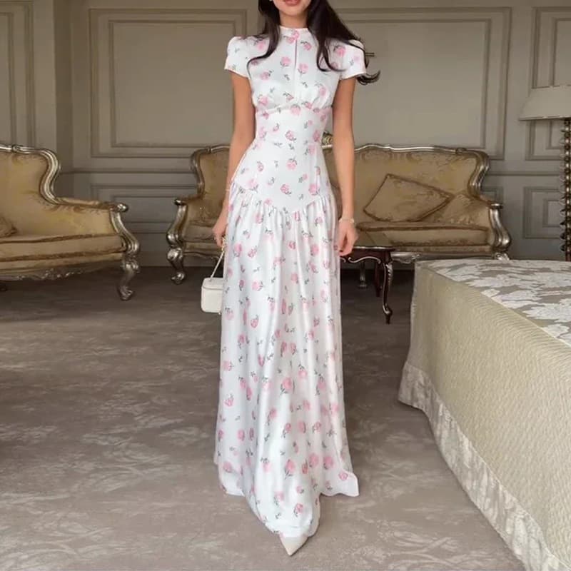 2026 New Spring Women's Cross-border European And American Dress Fashion Elegant Loose Plant Print Long Dress