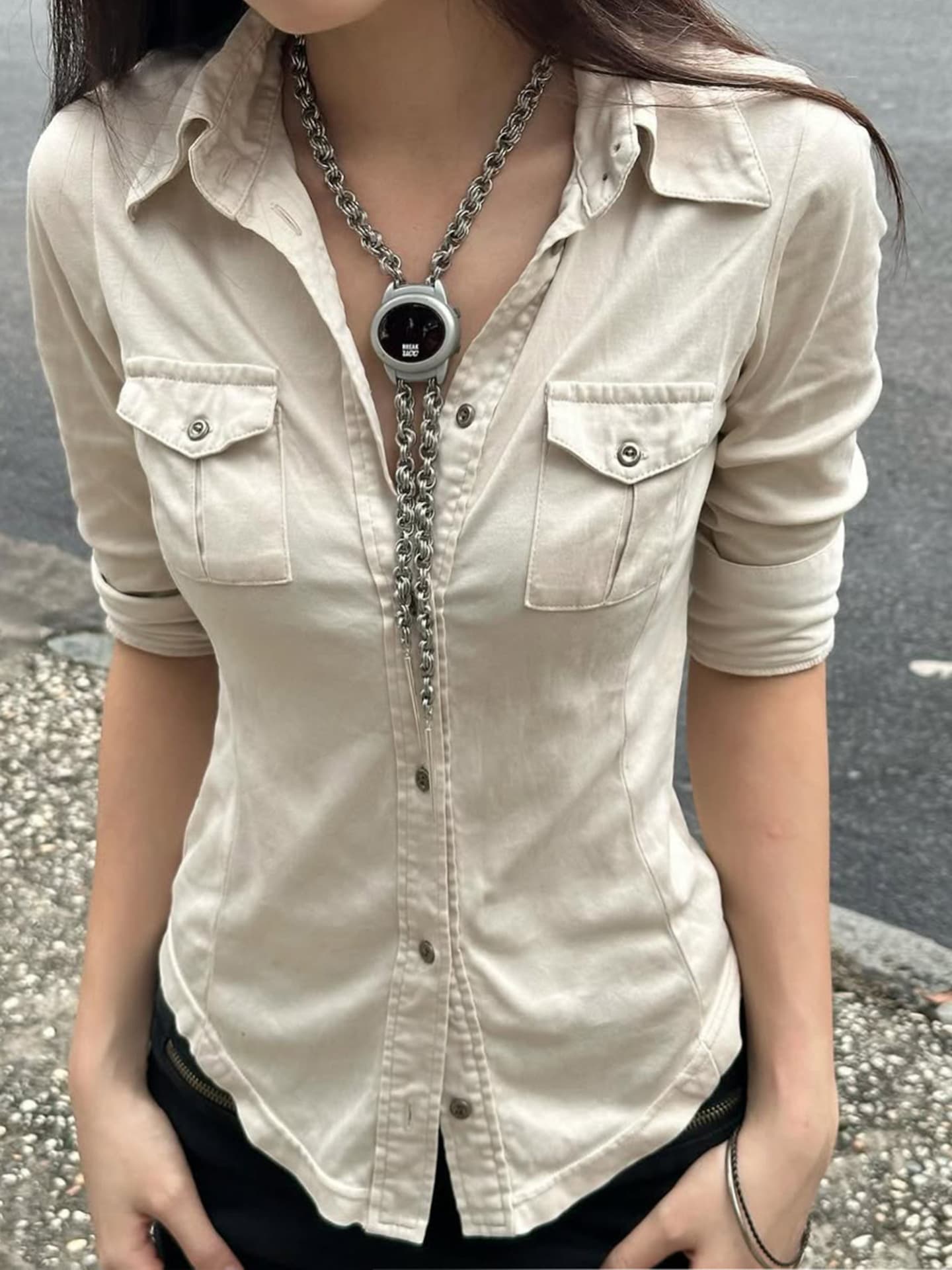 American Retro Workwear Style Lapel Buttoned Waist Shirt Women's New Pocket Design Basic Casual Mid-sleeve Top