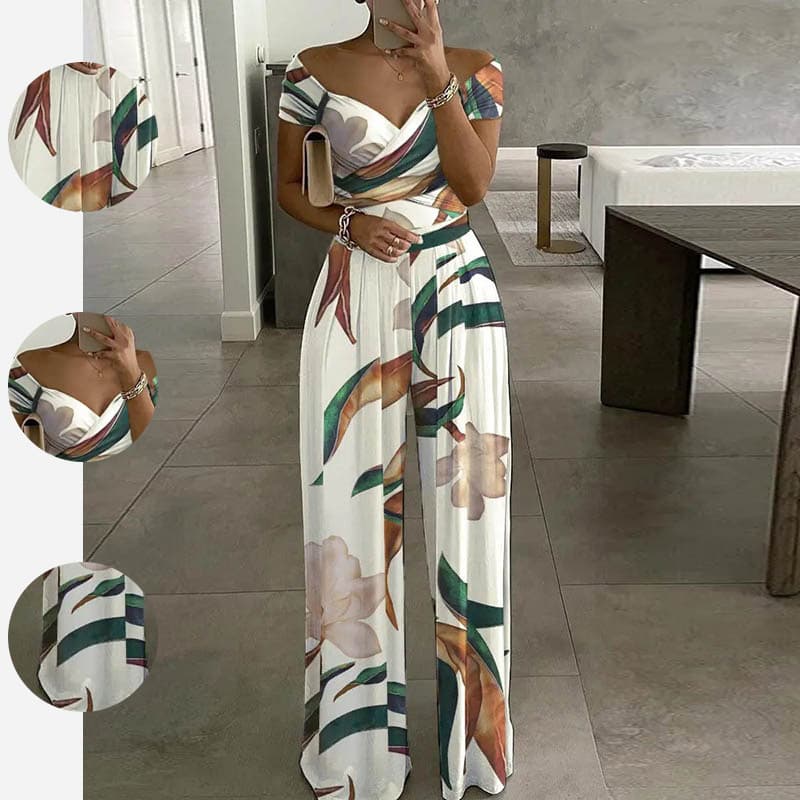 2026 New Spring Women's Cross-border European And American Jumpsuit Shoulder Print Pants Sexy High Waist Jumpsuit
