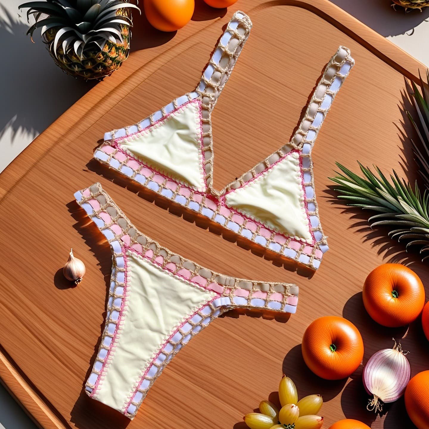 2026 Cross-border Women's Handcrafted Solid Swimsuit Color Stretch Band Bikini Beach Suit Set
