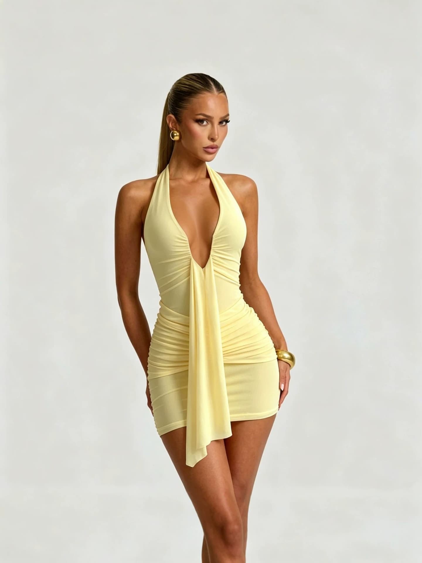 Summer 2026 European And American Style New Hanging Neck Deep Short Skirt Temperament Hot Girl Open Back Folded Solid Color Dress Women