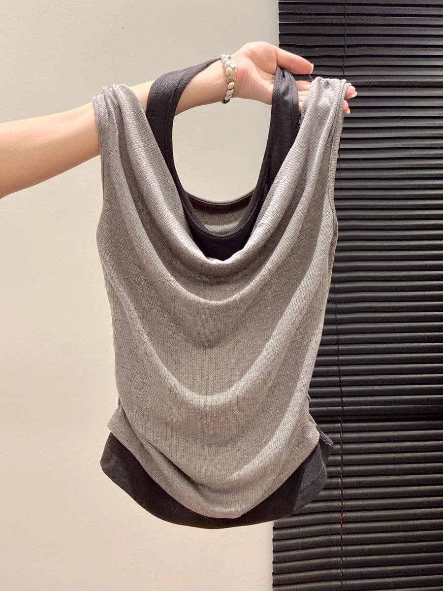 Fake Two-piece Stitching Neck Shoulder T-shirt Women 2026 Summer New Waist Slim Shoulder Sleeveless Small Top