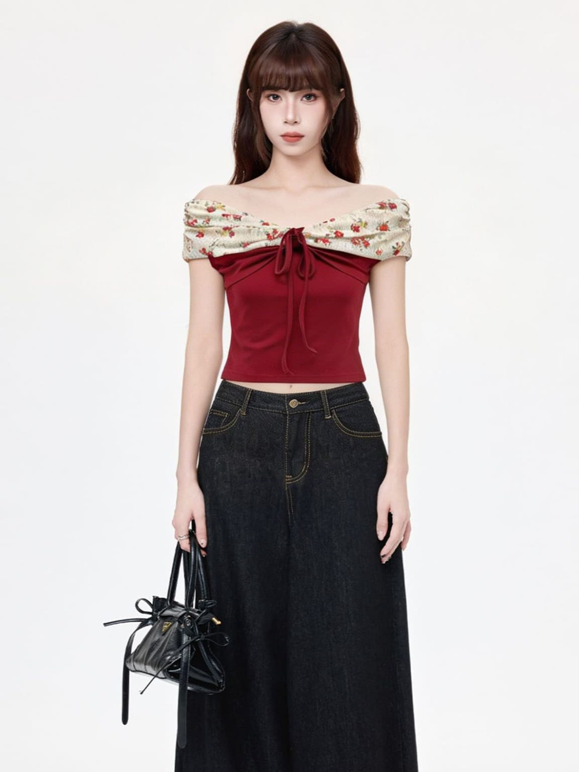 Korean Style Red Off Shoulder Bow Bare Shoulder Sleeveless Suspender Vest Women 2026 Summer New Floral Fashion Top