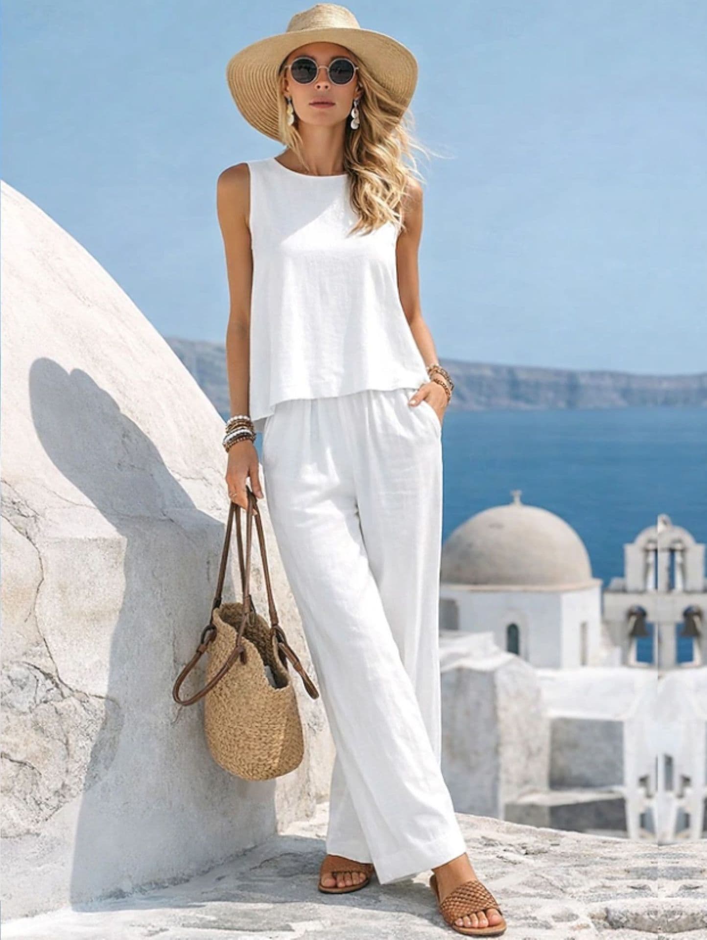 2026 New European And American Cross-border Amazon Women Casual Cotton Linen Vest Pants Set Sleeveless Round Neck Solid Color Fashion