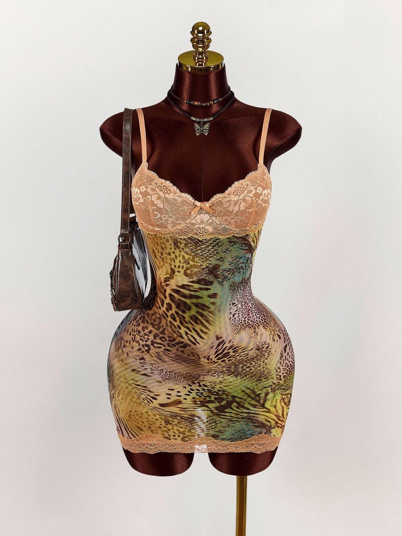 New European And American Vintage Fashion Slim Sexy Waist Print Deep V Lace Strap Short Dress Women